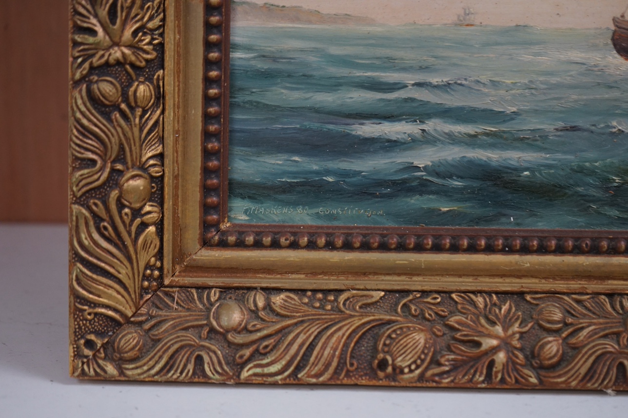 F. Maskens, oil on board, Study of a ship at sea, signed and dated '80, 21 x 29cm, ornate gilt frame. Condition - poor